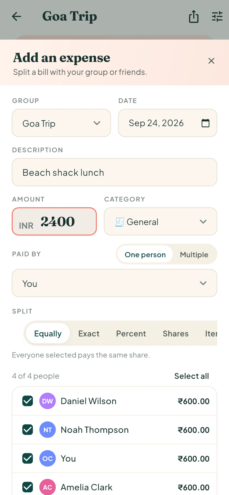 The add-expense form with an amount, a group, one payer and an equal split across four people