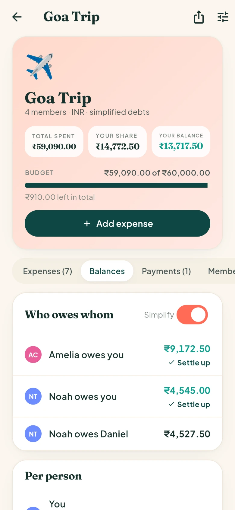 The simplified result: three payments listed in the Balances tab