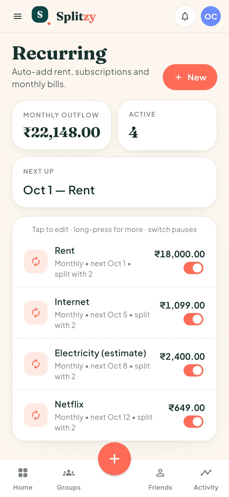 The Recurring screen listing rent, internet, electricity and a subscription with their next dates